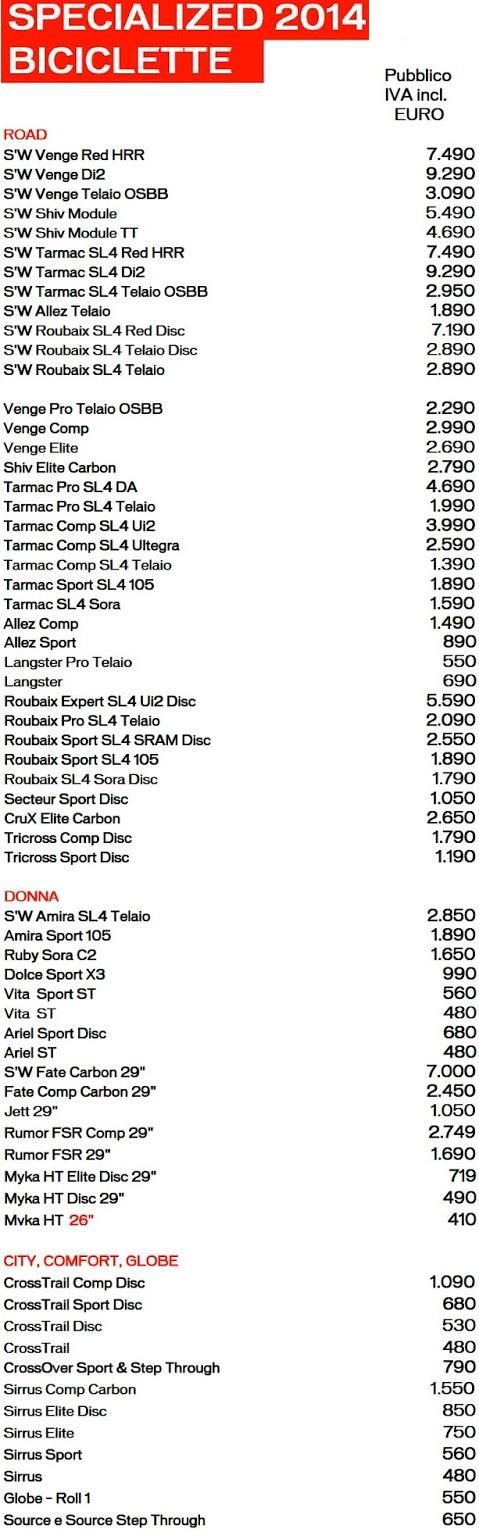 Listino Prezzi Specialized 2014 1